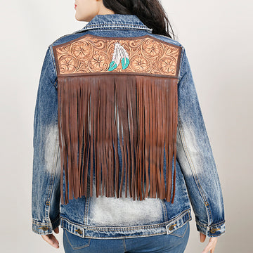 ADJKT029 Genuine leather Hand tooled hand carved Women 100% cotton Denim jacket dress ladies girl